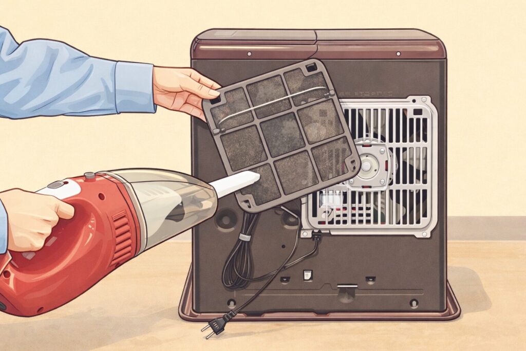 背面カバーを外した石油ファンヒーターのフィルターを手に持ち、赤いハンディ掃除機でホコリを吸い取って清掃している様子を、やわらかなタッチのイラスト風で表現した室内メンテナンスのイメージ。