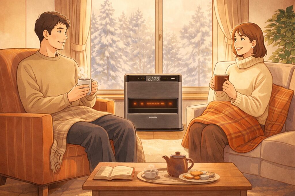 室内のリビングで、コロナ製の石油ファンヒーターを囲みながら、男女が温かい飲み物を手にくつろいで過ごしている様子をイラスト風で描いた暖かな生活空間のイメージ。