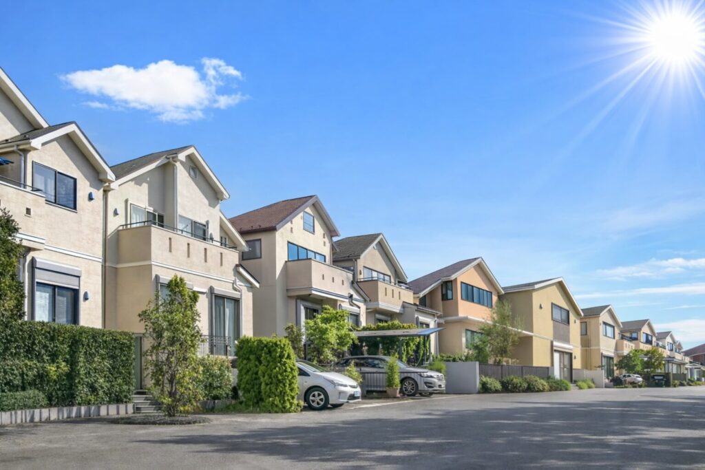 青空の下、整然と並ぶ新築の戸建住宅が道路沿いに連なり、外壁や屋根のデザインが異なる複数の住宅と植栽のある街並み全体を横長構図で捉えた写真。
