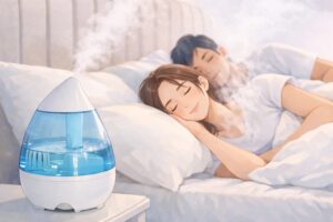 寝室のベッドサイドに置かれた加湿器からやわらかなミストが広がり、布団で並んで眠る人物がリラックスした表情で休んでいる様子を描いたイラスト風のイメージ