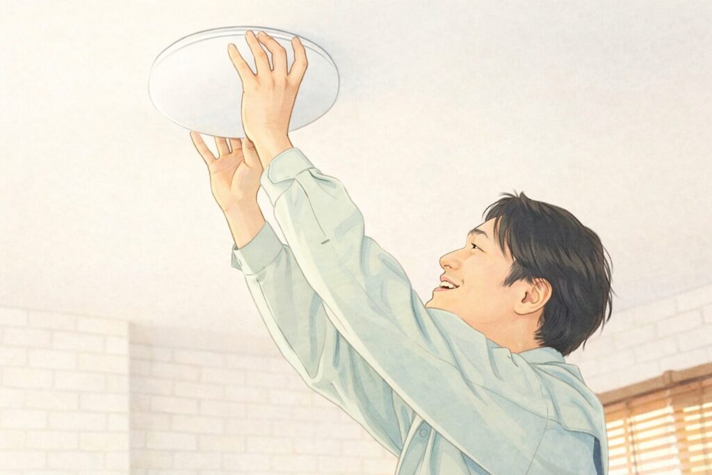 天井に設置された丸型照明器具を、室内で男性が両手を上げて取り付けている様子をイラスト風に表現した横長のビジュアル。明るい室内空間と穏やかな表情から、照明交換作業を行っている状況が伝わる構図。