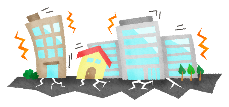 地震によって建物が傾き、地面に亀裂が入っている様子を描いたイラスト。揺れによる被害や安全装置の作動を連想させる場面。