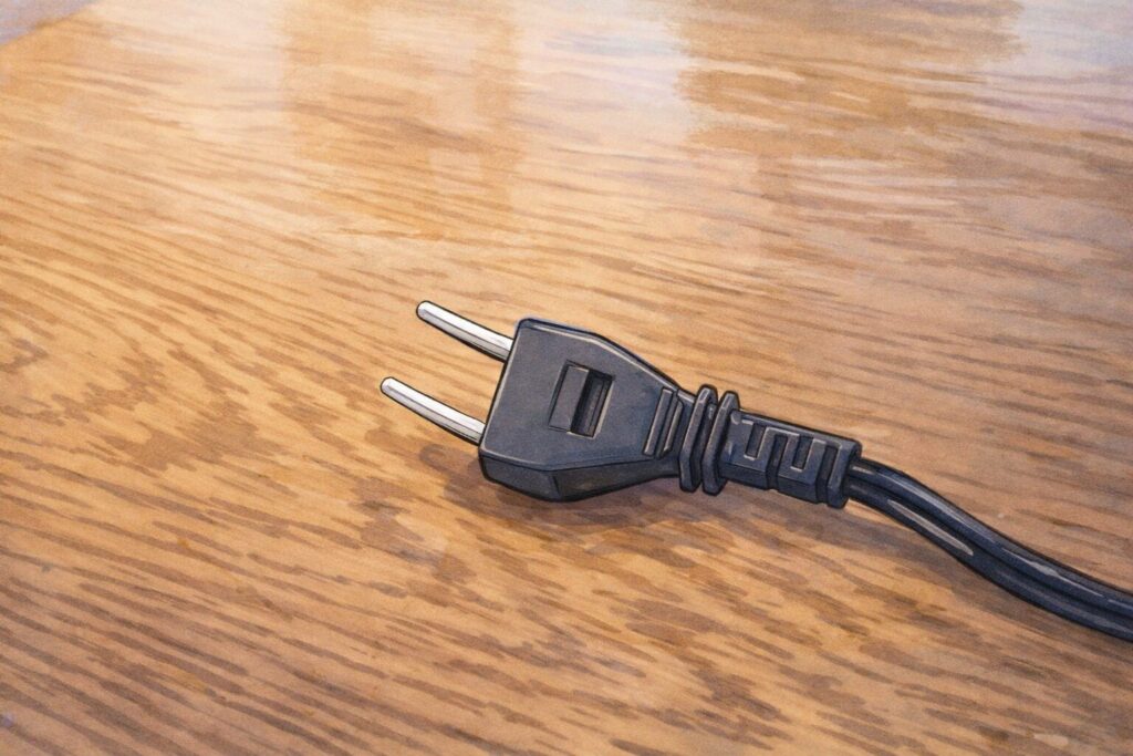 電源コードの先端にある黒色の2極プラグが、木目のあるテーブルの上に置かれている様子をイラスト風に描いた画像。プラグの金属ピンとコードの付け根部分がはっきり見える構図。