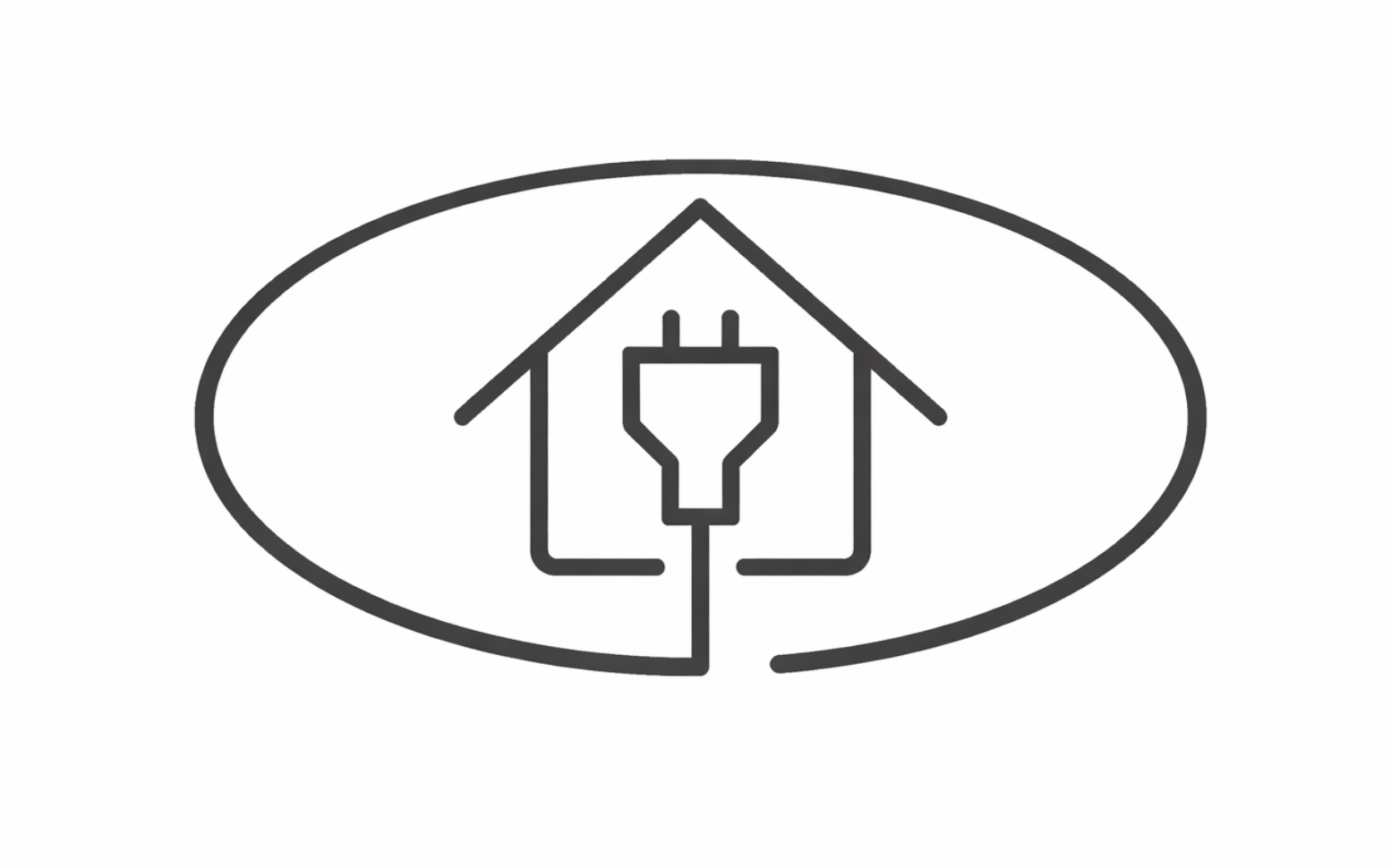 家の形をしたアイコンの中央に電源プラグのシンボルが配置され、楕円のフレームで囲まれたシンプルなモノクロロゴを横長構図で表現したデザイン。