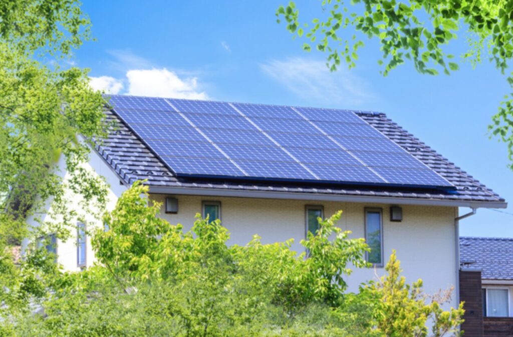 屋根に太陽光パネルが設置された戸建住宅を、青空と緑の植栽を背景に写した外観の様子