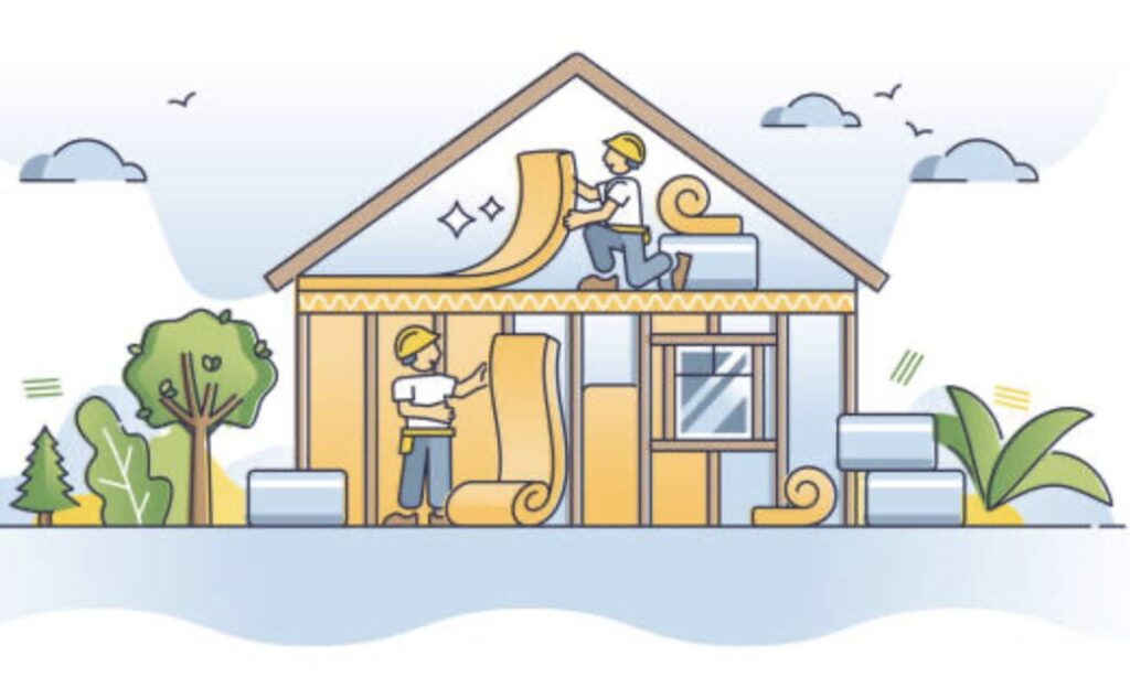 屋根裏と壁内部に断熱材を施工する作業員の様子を断面図で表現し、住宅全体の断熱構造と施工イメージがわかるイラスト。