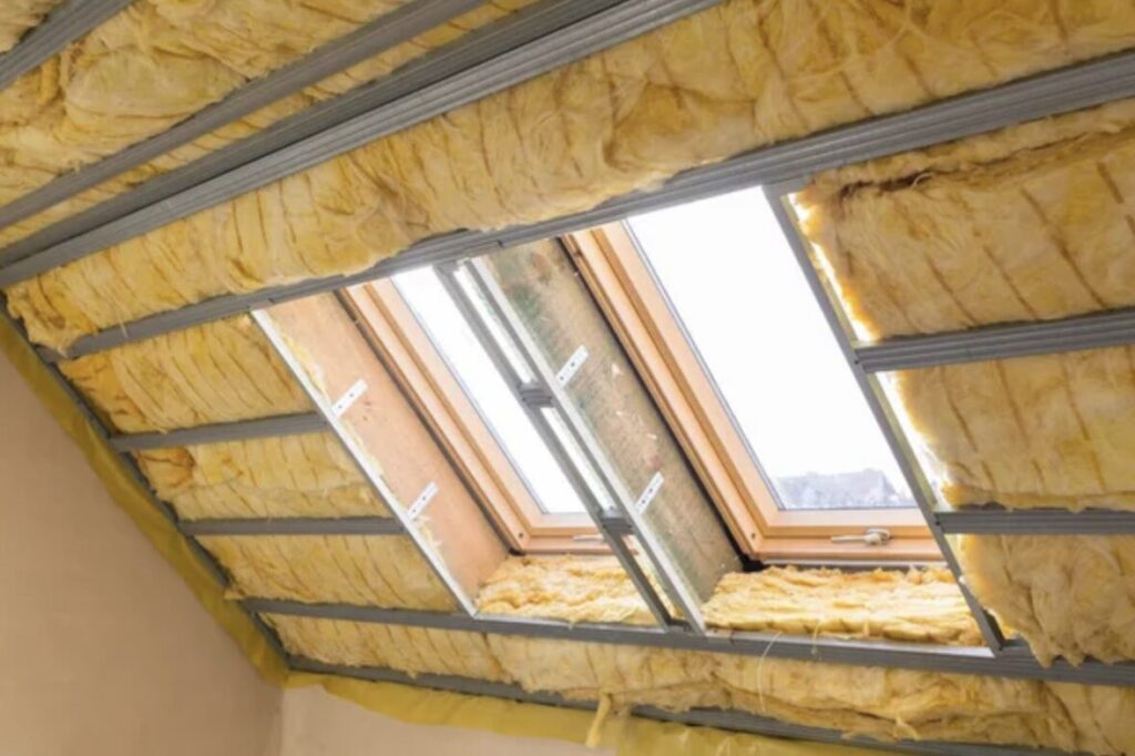 屋根裏空間の斜め天井にグラスウール断熱材が施工され、天窓まわりまで断熱材が充填されている様子を室内側から撮影した写真。