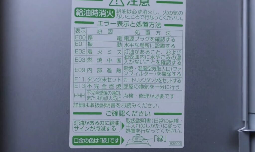 石油ファンヒーター本体の側面に貼られた注意・エラー表示一覧のラベルを撮影した様子。E00〜E13、HHHなどのエラーコードと、それぞれの原因（停電・振動・着火ミス・内部過熱・タンク未セット・不完全燃焼など）および対処方法が日本語で表形式にまとめられている。