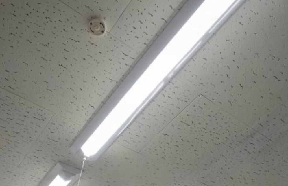 事務所や施設の天井に設置された直管蛍光灯が点灯している様子。天井材と照明器具の配置が確認できる。