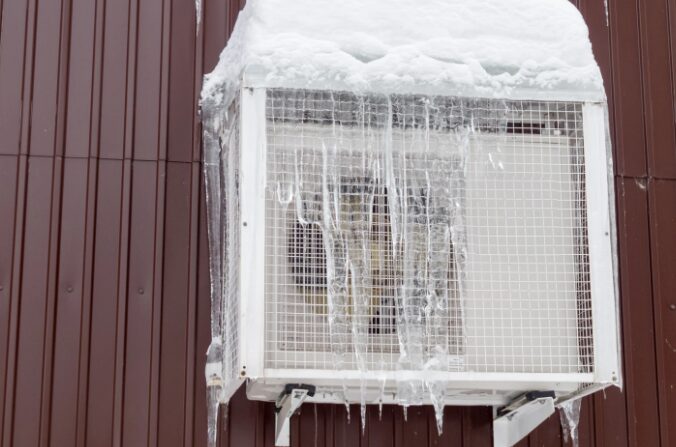 室外機の上部に積もった雪が凍結し、前面のガード部分から氷柱が垂れ下がっている状態。落雪や排水凍結のリスクが視覚的に確認できる。