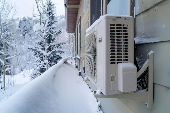 雪に覆われた住宅の外壁に設置されたエアコン室外機。周囲に深い積雪があり、排気や吸気への影響が懸念される設置状況が分かる。