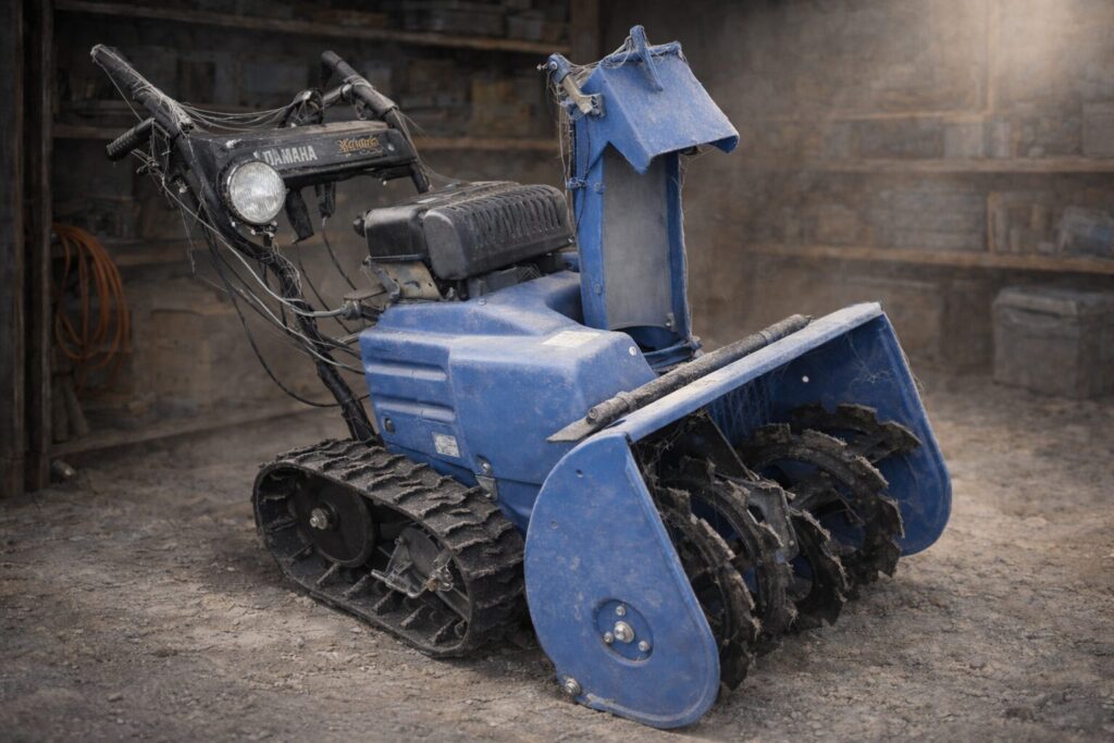 薄暗いガレージの中に置かれ、表面にうっすらと埃が積もったまま使われていない除雪機の様子。