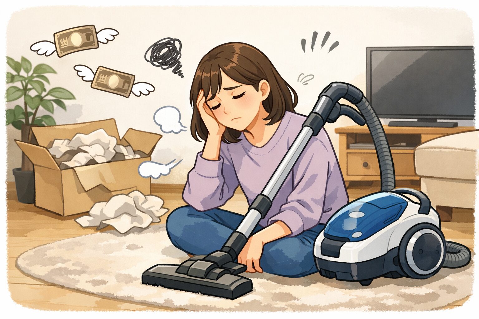 床に座り込み、購入した掃除機を前に頭を抱えて後悔している様子の人物を描いたイメージイラスト。使いづらそうな掃除機と落ち込んだ表情から、買って失敗した気持ちが伝わる。