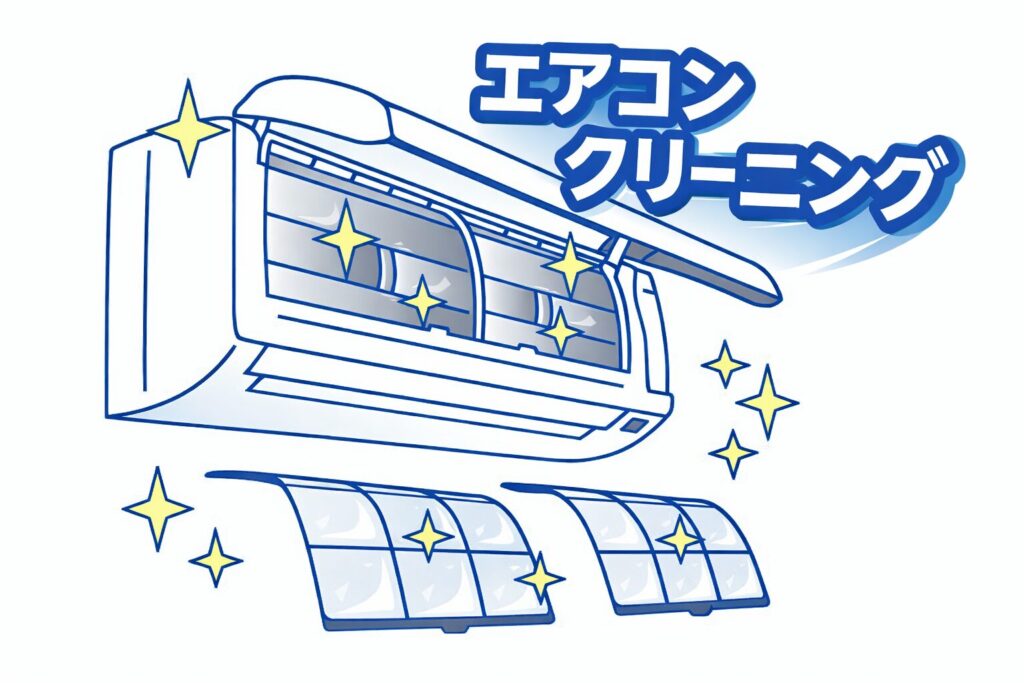 壁掛けエアコンの前面パネルを開き、取り外した2枚のフィルターを並べて清掃後の状態を表現したイラスト。内部やフィルター周囲に光るマークがあり、きれいになった様子を示している。