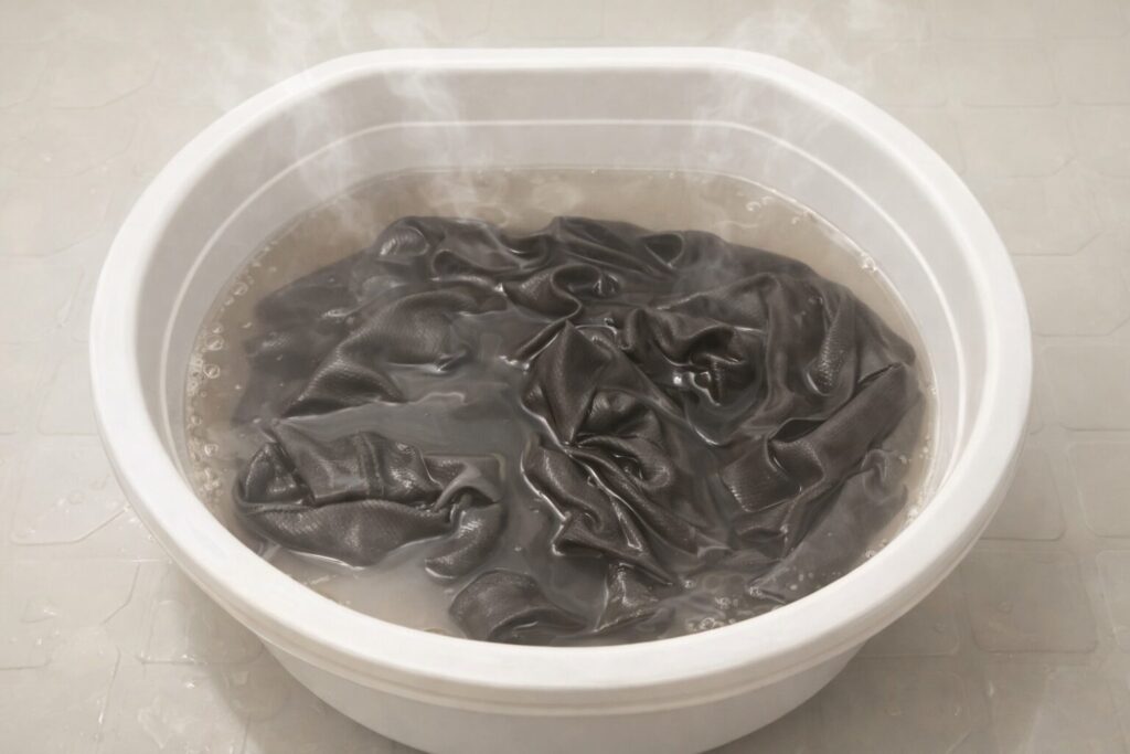 湯気の立つぬるま湯に黒い衣類を浸している様子。白い洗面器の中でつけ置きしている場面
