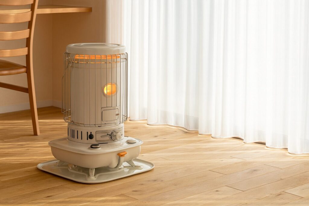 木製フローリングの部屋に設置された対流式石油ストーブ。白いカーテン越しに柔らかい光が入り、暖房中の様子。