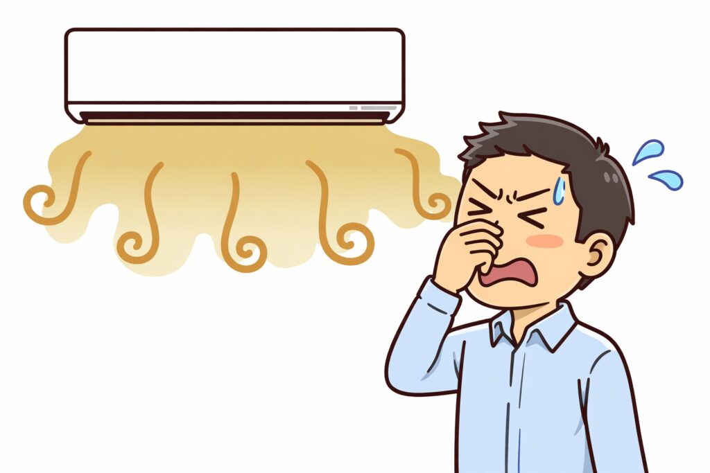 エアコンから黄ばんだにおいの空気が流れ出し、鼻をつまんで顔をしかめている男性のイラスト。