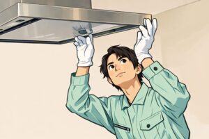 手袋を着けた男性がスリム型レンジフードを持ち上げて取り付け確認している様子。
