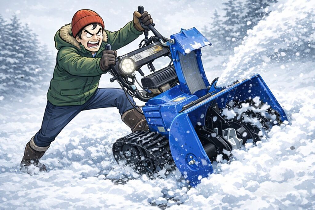 怒った表情の人物が、雪の中で除雪機を乱暴に押し込みながら操作している様子を描いたイメージイラスト。無理な力のかけ方が伝わる姿勢と、扱いにくそうな除雪機の動きが表現されている。
