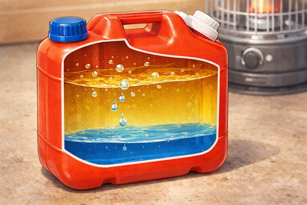灯油用の赤いポリタンクを断面で描いたイラスト。上部に黄色い灯油、その下にごく薄く青色の水が分離して溜まっており、水滴がゆっくり沈んでいる様子が表現されている。