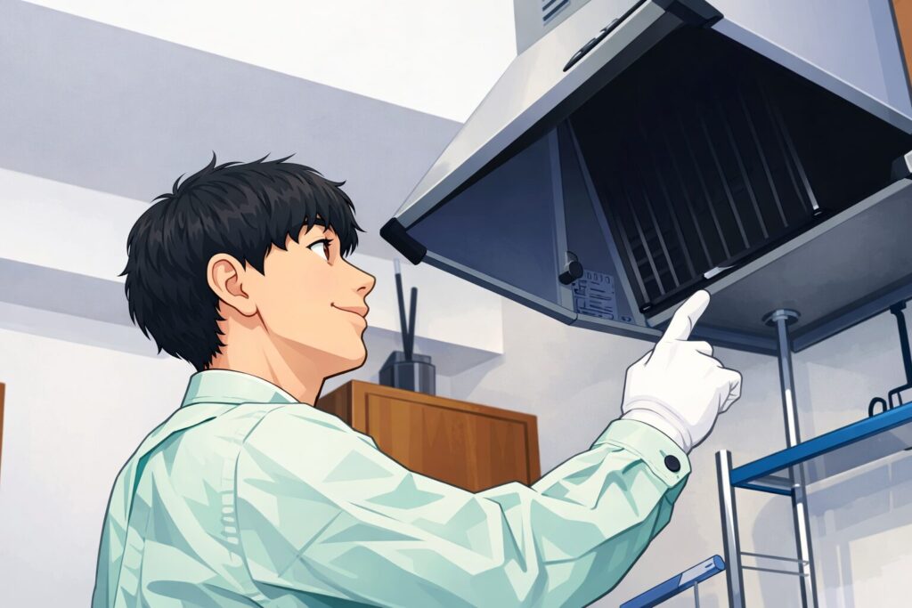 レンジフードの内部を開け、フィルターや整流板の状態を確認している男性作業員のイラスト。白い手袋を着用し、キッチンで点検している様子。