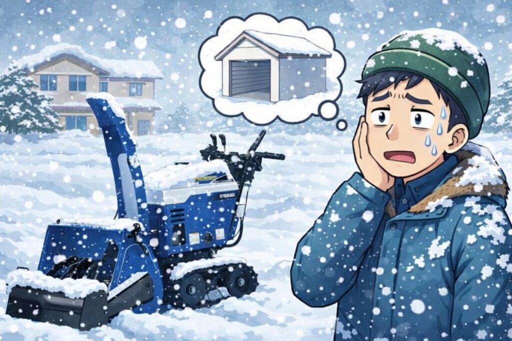 ガレージがない住宅の前で、購入した除雪機を屋外に置くしかなく、降り積もる雪を前に困惑した表情を浮かべて立ち尽くしている人物を描いたイメージイラスト。