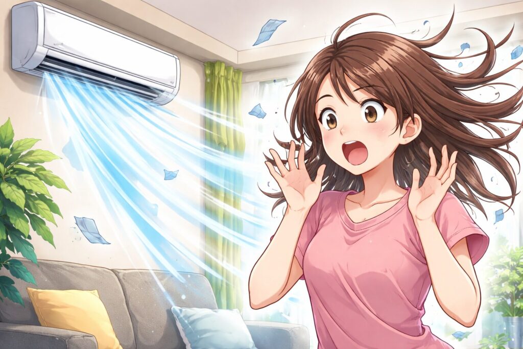エアコンの強い冷風に驚き、髪が大きくなびいている女性のイラスト。室内のソファ横でエアコンから青い風が吹き出している様子。