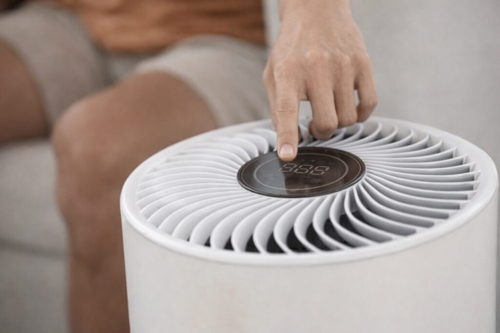 空気清浄機の上部操作パネルを指で押している様子。円形の吹き出し口とデジタル表示が確認できる室内シーン。