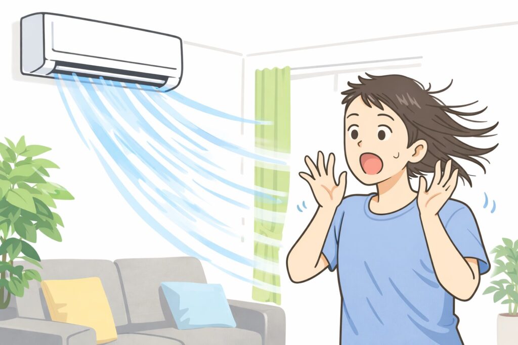 壁掛けエアコンの強風に驚き、髪が横に吹き上げられている男性のシンプルなイラスト。リビングで両手を上げて驚いている様子。