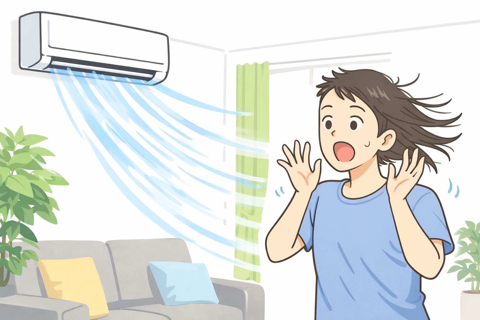壁掛けエアコンの強風に驚き、髪が横に吹き上げられている男性のシンプルなイラスト。リビングで両手を上げて驚いている様子。