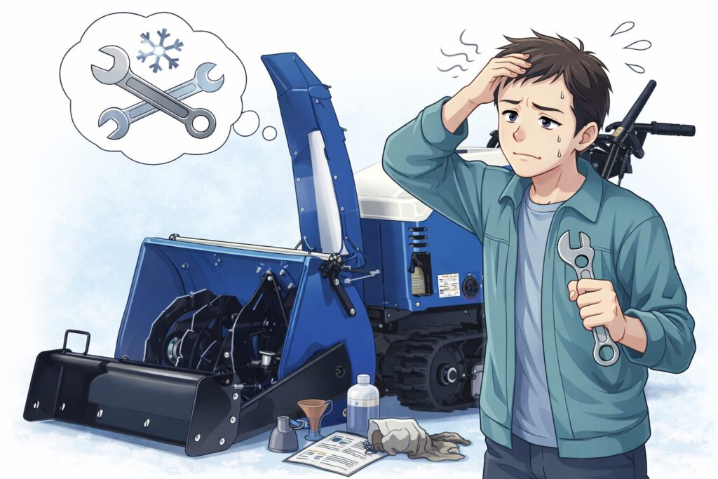 除雪機の前で工具を手に頭を抱え、メンテナンスの手間にうんざりしている様子の人物を描いたイメージイラスト。周囲にはオイルや説明書が置かれ、整備の面倒さが伝わる。