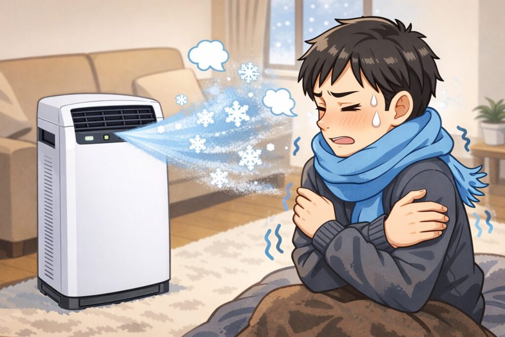 空気清浄機から吹き出す風を受けて、マフラーを巻いた男性が腕を抱えて寒そうにしているリビングの様子のイラスト