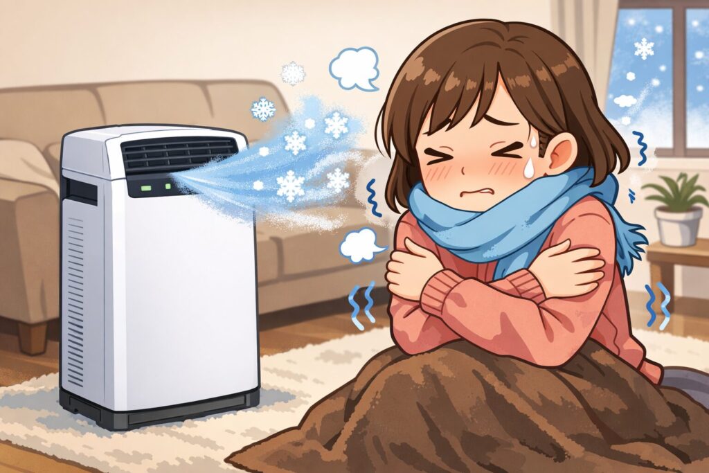 空気清浄機から吹き出す風を受けて、マフラーを巻いた女性が腕を抱えて寒そうにしている室内のイラスト