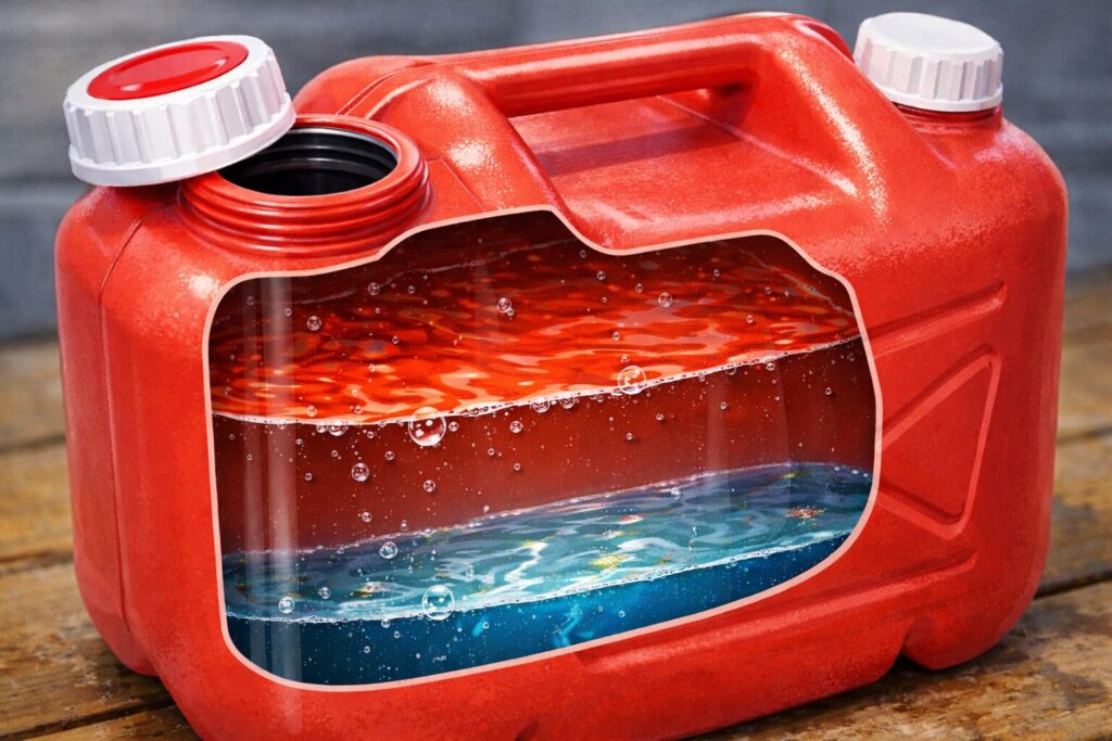灯油用の赤いポリタンクの断面イラスト。内部には灯油がほぼ満たされており、底部にごく薄い水の層がわずかに分離して溜まっている様子。