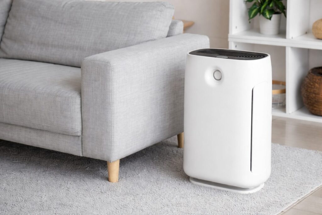 グレーのソファ横に設置された白い除湿機。リビングのラグの上で稼働している様子。