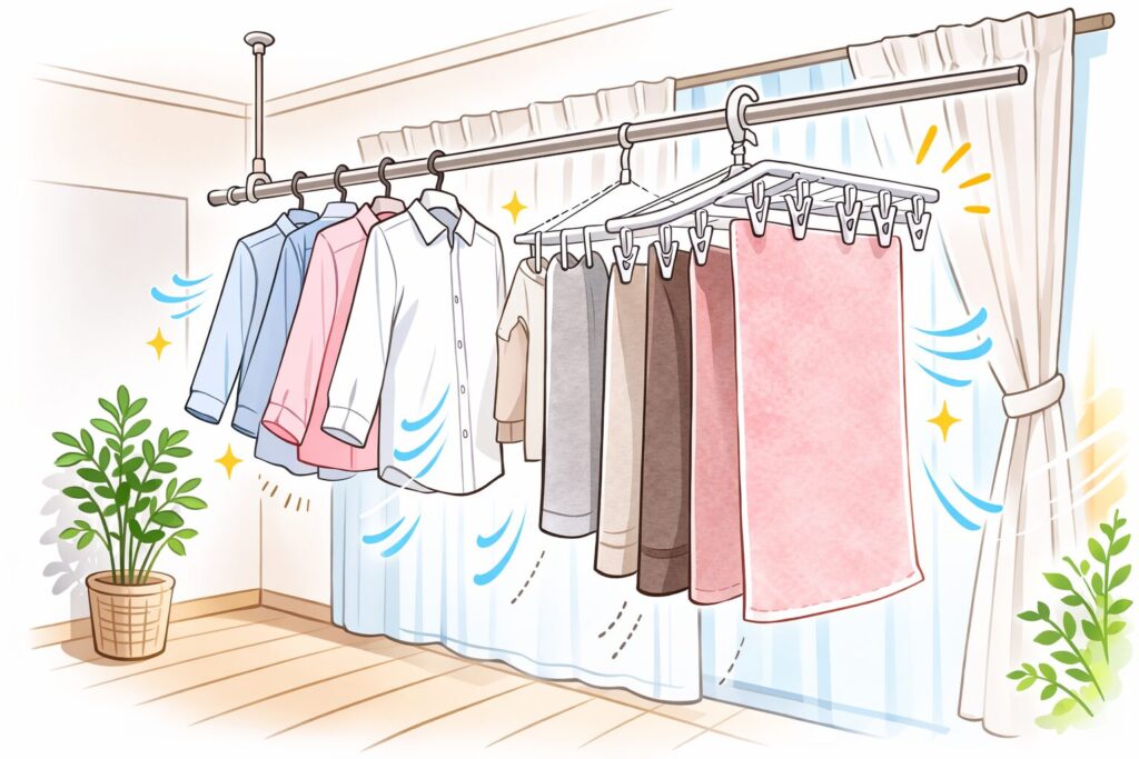 窓際の室内物干しにシャツやタオルを干し、風の流れを示す線が描かれたイラスト