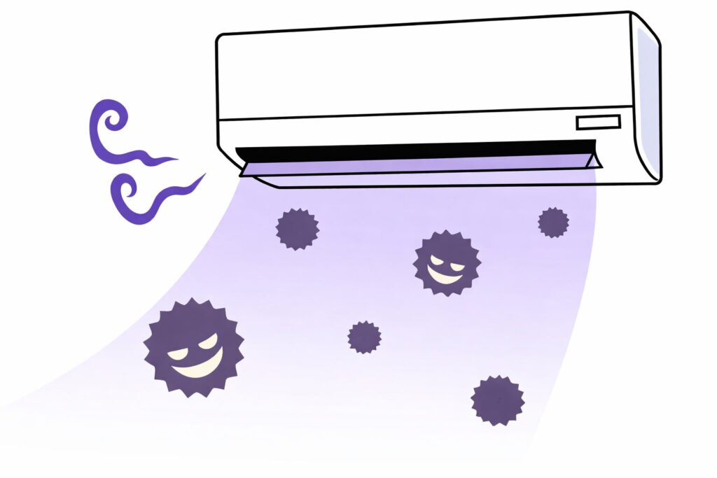 エアコンから紫色の風が吹き出し、不気味な表情をしたウイルス状の粒子が室内に広がっている様子を描いた横長のイラスト。
