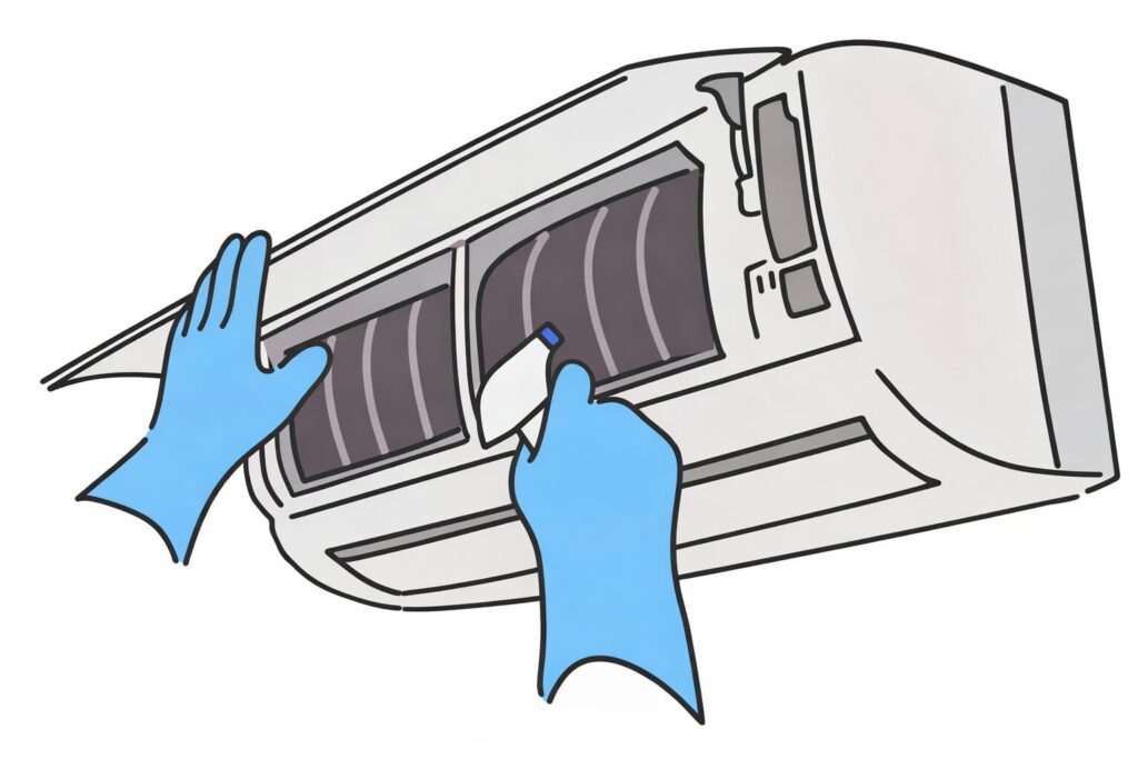 エアコンの前面カバーを開け、青いゴム手袋をした手でフィルター部分を清掃している様子を描いたイラスト。
