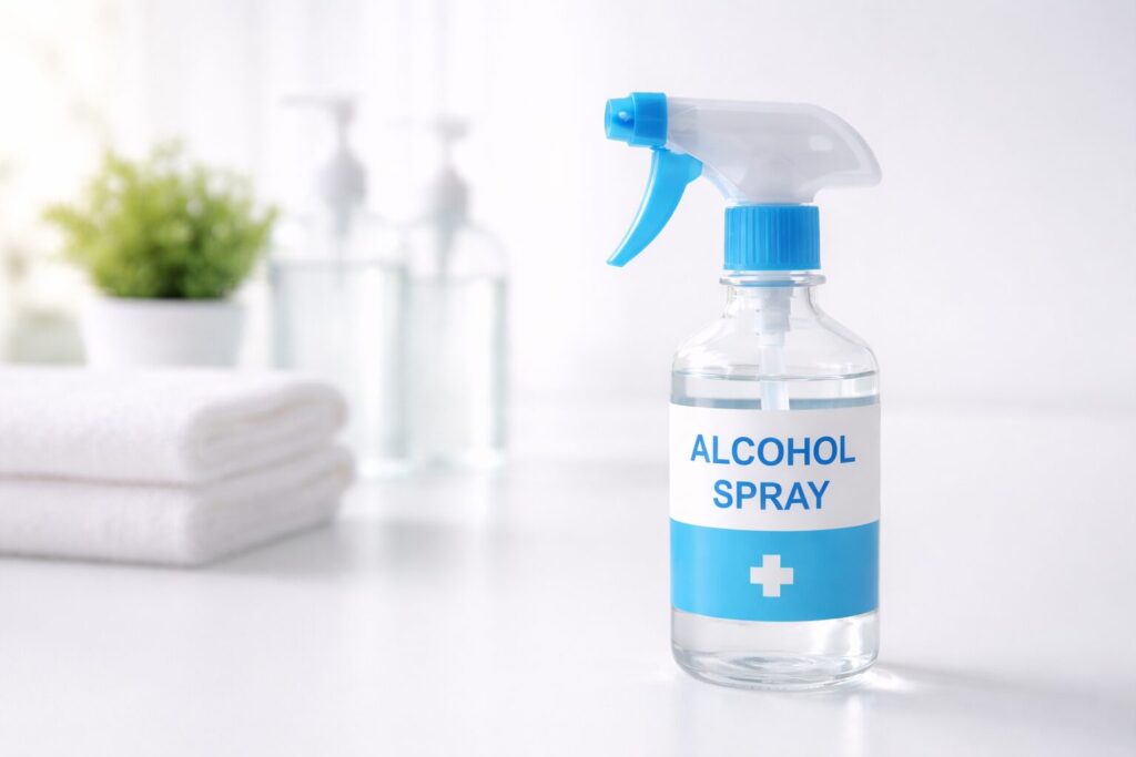 アルコールスプレーボトルのクローズアップ。白い背景に青いラベルが貼られた除菌用スプレー容器