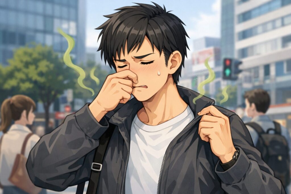 街中で男性が衣類のにおいを気にして鼻を押さえている様子。周囲ににおいを示す緑色の波線が描かれたイラスト