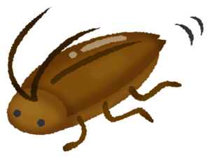 茶色いゴキブリのイラスト。長い触角と6本の脚があり、背中に光沢のある羽根を描いたシンプルな手描き風デザイン。