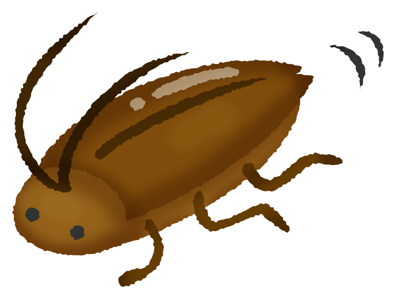 茶色いゴキブリのイラスト。長い触角と6本の脚があり、背中に光沢のある羽根を描いたシンプルな手描き風デザイン。
