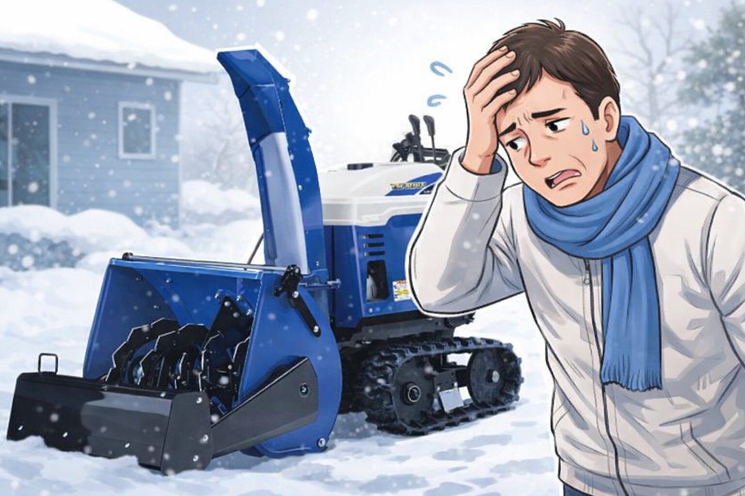 除雪機の前で頭を抱え、困った表情を浮かべて立ち尽くす人物を描いたイメージイラスト。使いこなせず後悔している様子が伝わり、雪が積もる屋外で大型の除雪機が置かれている状況を表している。