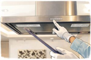 ステンレス製レンジフードの操作パネルを指さし確認している作業員のイラスト。白手袋を着用し、点検チェックボードを持ちながらキッチンで設備確認を行っている様子。