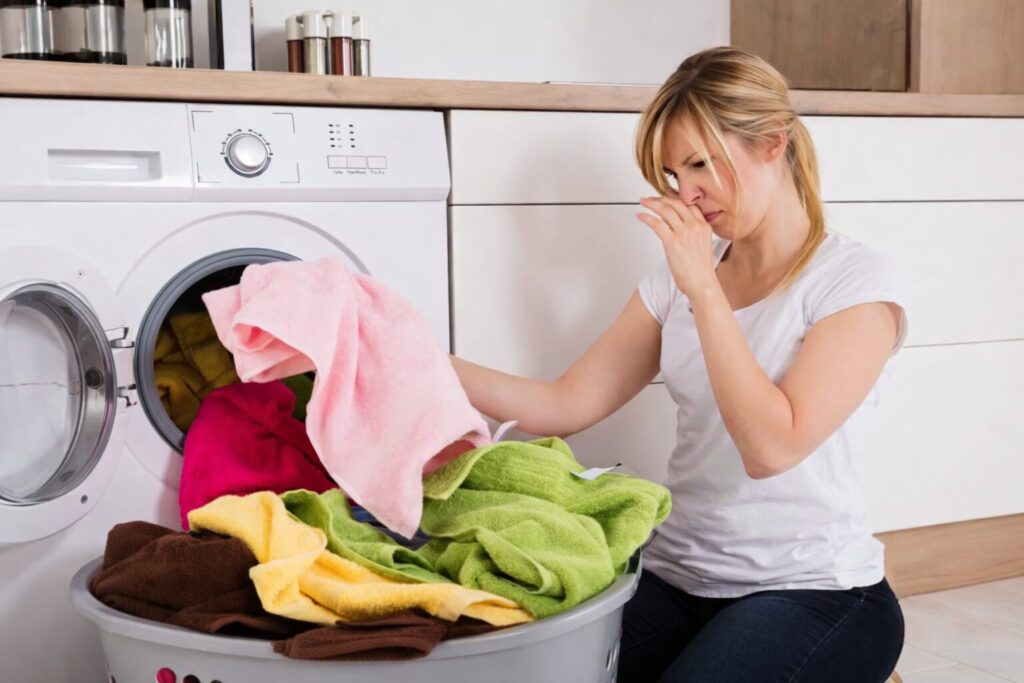 洗濯機から取り出したタオルのにおいを確認し、困った表情をする女性とカラフルな洗濯物