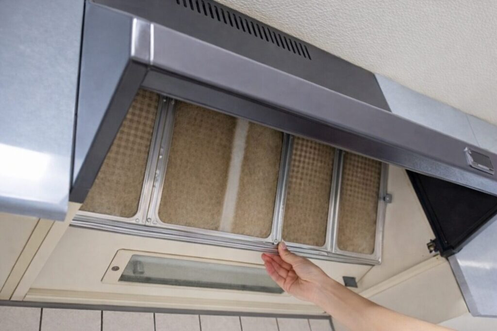 レンジフードの下からフィルターを取り外している手元のアップ。油汚れが付着したフィルターを引き出している場面。