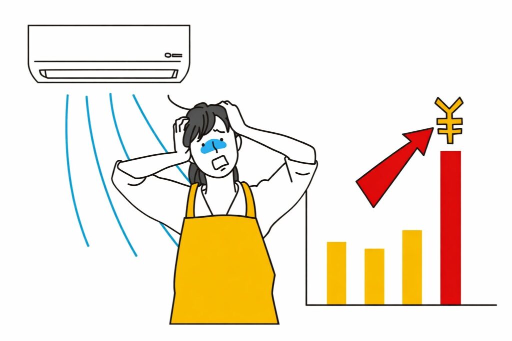壁掛けエアコンの冷風を受けて頭を抱える女性と、右側に電気代上昇を示す棒グラフと円マークが描かれたイラスト。