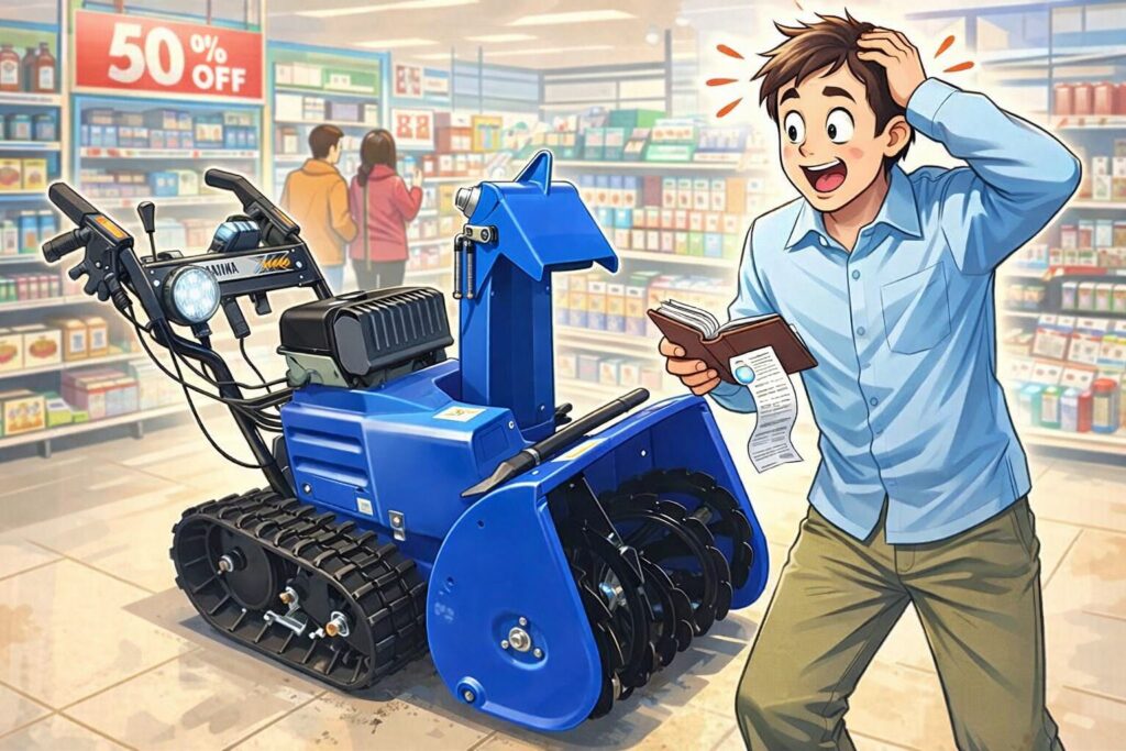 ホームセンターの売り場で、勢いで購入した除雪機を前にレシートを手にし、少し驚いた表情で頭をかいている人物の様子を描いたイメージイラスト。