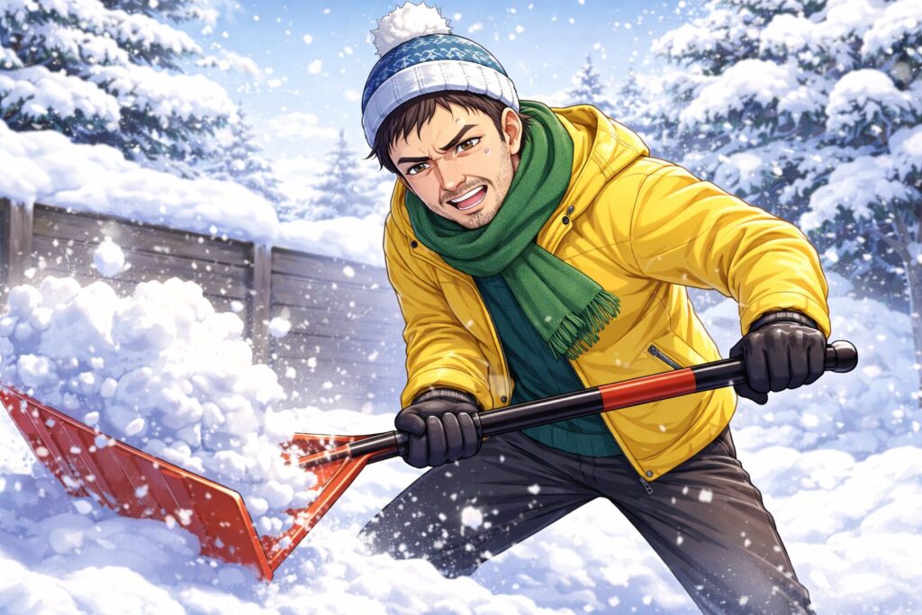 雪が積もった屋外で、防寒着を着た人物がスコップを使い、汗をかきながら一生懸命に雪かきをしている様子を描いたイメージイラスト。体を前に倒し力強く雪をかき出す動きから、作業の大変さと真剣さが伝わる。