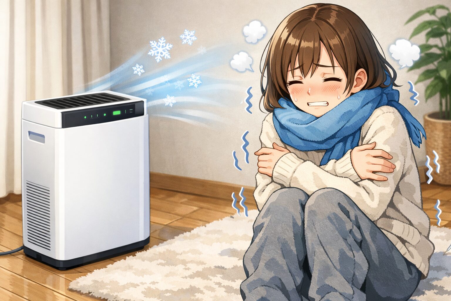 室内で稼働する空気清浄機の風に当たり、腕を抱えて寒そうに震えている女性のイラスト。